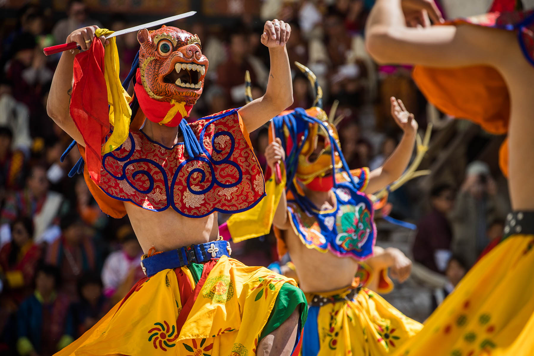 The Tsechu (festival) in Paro (Bhutan), with dances featuring tiger mask.